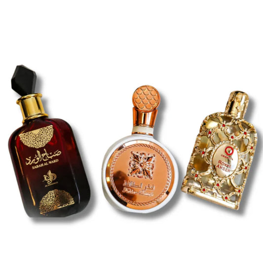 CONFEZIONE DA 3 PROFUMI: SABAH AL WARD 100 ML, FAKHAR 100 ML, ROYAL AMBER 100 ML