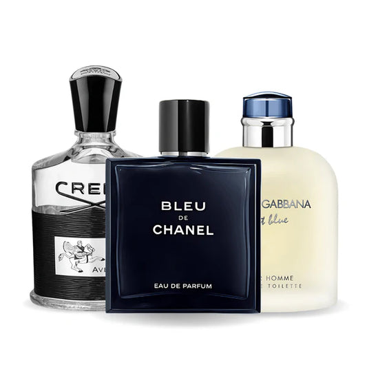 CONFEZIONE DA 3 PROFUMI: BLEU DE CHANEL, CREED AVENTUS, LIGHT BLUE DI DOLCE & GABBANA – 100 ML