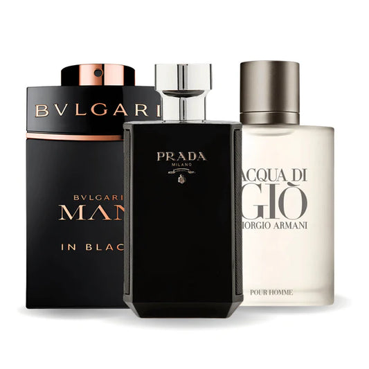 Confezione da 3 profumi: Bvlgari In Black, Giorgio Armani Acqua di Giò e L'Homme Prada Intense – 100 ml