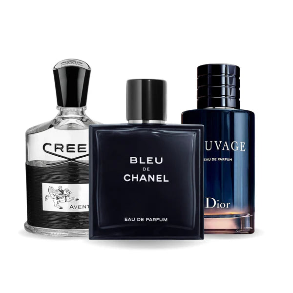 CONFEZIONE DA 3 PROFUMI: CREED AVENTUS, BLEU DE CHANEL, DIOR SAUVAGE – 100ML