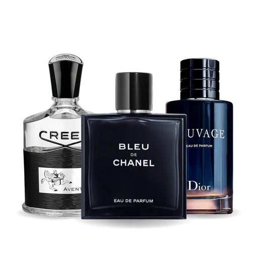 CONFEZIONE DA 3 PROFUMI: CREED AVENTUS, BLEU DE CHANEL, DIOR SAUVAGE – 100ML