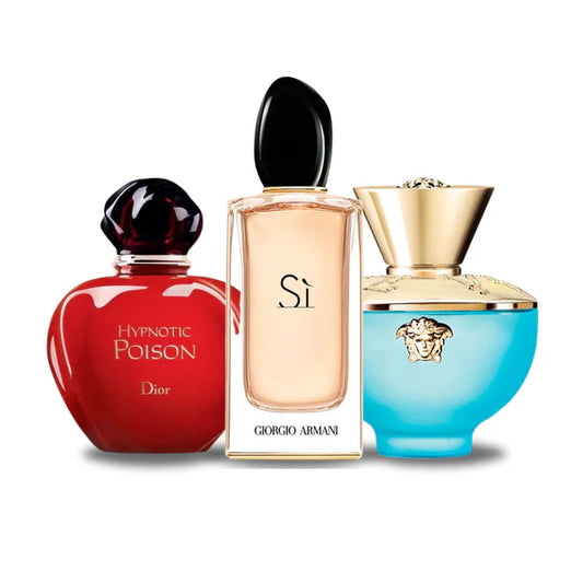 CONFEZIONE DA 3 PROFUMI: DIOR HYPNOTIC POISON, GIORGIO ARMANI SÌ, VERSACE DYLAN TURQUOISE – 100ML