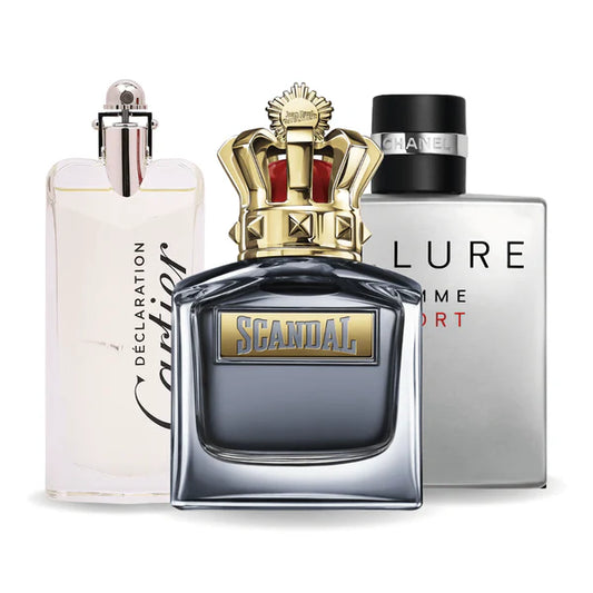 CONFEZIONE DA 3 PROFUMI: ALLURE HOMME SPORT, JEAN PAUL GAULTIER SCANDAL, CARTIER DECLARATION 100 ml