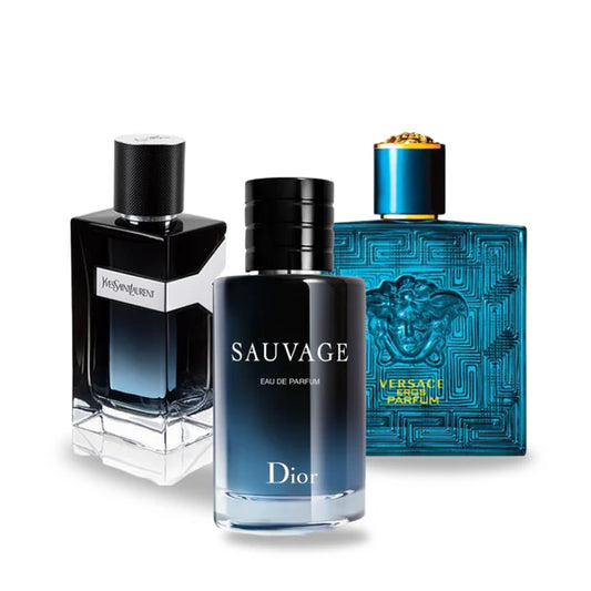 CONFEZIONE DA 3 PROFUMI: DIOR SAUVAGE, YVES SAINT LAURENT E UOMO, VERSACE EROS – 100ML 